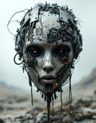 The primary subject of the image is a close-up of a robotic face with a mix of mechanical and human-like features. The face is adorned with a variety of wires and gears, giving it a futuristic and technological appearance. The setting is a dark, industrial environment, which further emphasizes the robotic theme. The visual style is a combination of digital art and illustration, creating a unique and intriguing image. The colors and mood are predominantly dark and moody, with the mechanical elements of the face contrasting against the industrial background.